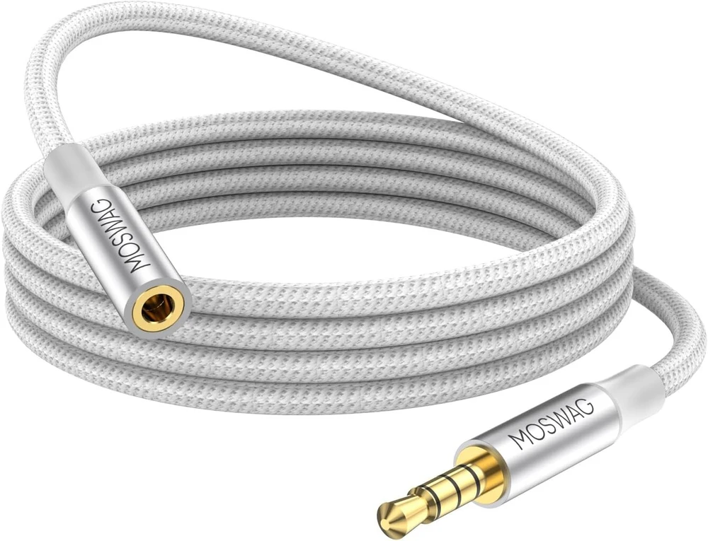 Moswag 3,5 mm vyriškas-moteriškas prailginimo laidas su mikrofono stereo garso adapteriu, nailono pynė, suderinamas su namų/automobilių stereosistemomis, išmaniaisiais telefonais, ausinėmis, planšetiniais kompiuteriais, medijos grotuvais ir kt.