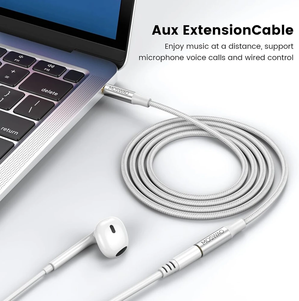 Moswag 3,5 mm vyriškas-moteriškas prailginimo laidas su mikrofono stereo garso adapteriu, nailono pynė, suderinamas su namų/automobilių stereosistemomis, išmaniaisiais telefonais, ausinėmis, planšetiniais kompiuteriais, medijos grotuvais ir kt.