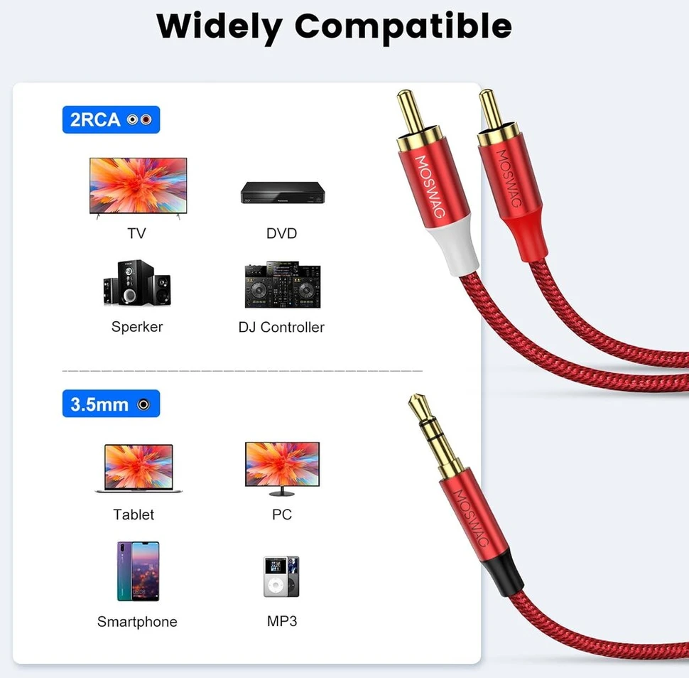 Moswag 3.5mm į 2rca audio kabelis, nailono pynė, paauksuotas