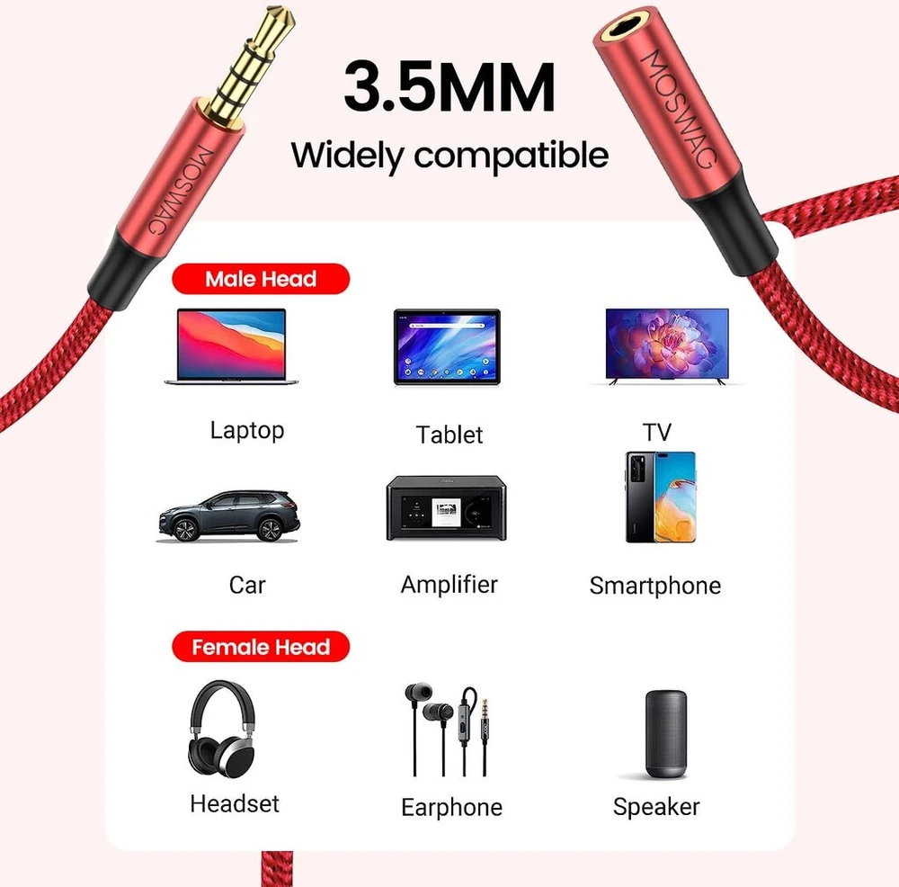 Moswag 3.5mm prailginimo laidas su mikrofonu, stereo garsui