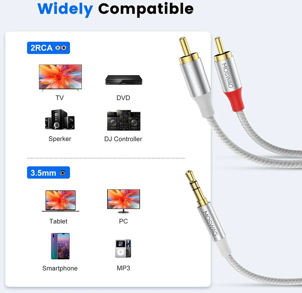 Moswag rca kabelis, 3.5 mm male į 2rca male stereo audio adapteris dvigubai ekranuotas paauksuotas koaksialinis kabelis nailono pynimo aux rca y kabelis išmaniesiems telefonams, mp3, planšetiniams kompiuteriams, garsiakalbiams, hdtv