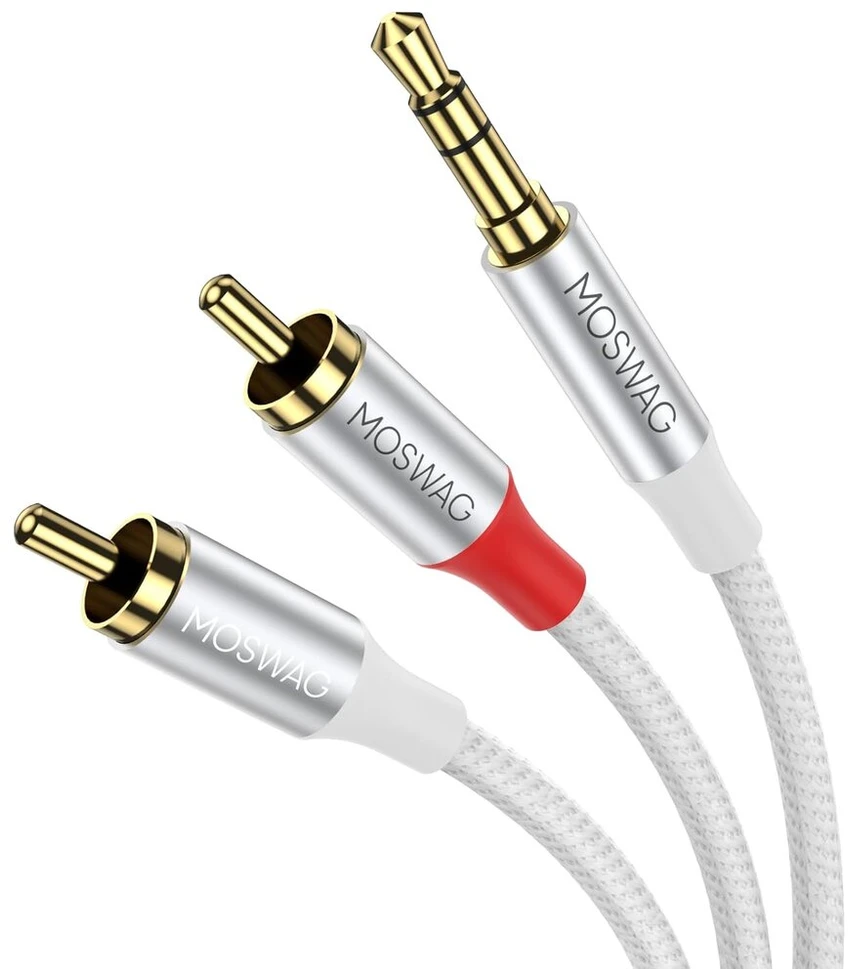 Moswag rca kabelis, 3.5 mm male į 2rca male stereo audio adapteris dvigubai ekranuotas paauksuotas koaksialinis kabelis nailono pynimo aux rca y kabelis išmaniesiems telefonams, mp3, planšetiniams kompiuteriams, garsiakalbiams, hdtv