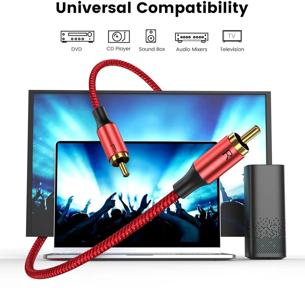 Moswag Stereo Rca Kabelis, 10m, Paauksuoti Jungtys, Pintas Nailonas