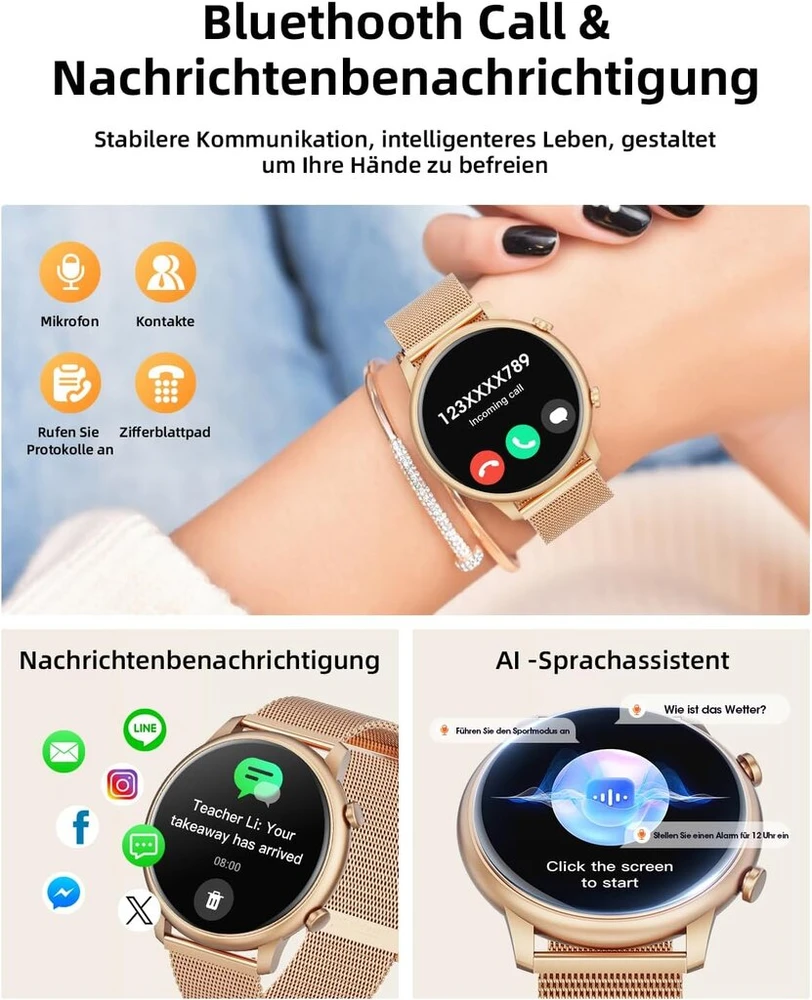 Moteriškas išmanusis laikrodis su 1,39 colių jutikliniu ekranu ir bluetooth skambučiais, laikrodis moterims ir vyrams su daugiau nei 140 sporto režimų, spo2 širdies ritmo monitoriumi, miego monitoriumi, pedometru, skirtas android ir ios