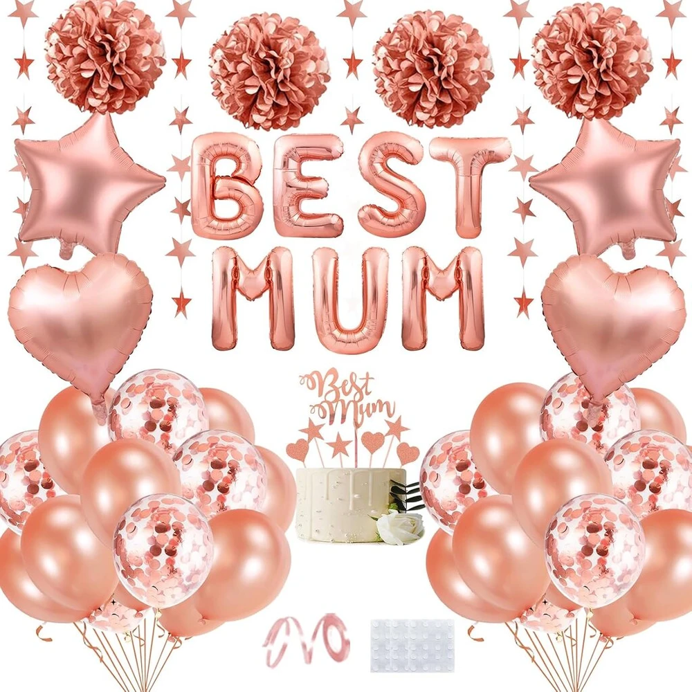 Motinos dienos dekoravimo balionai, rožinio aukso vakarėlio dekoracijos su užrašu 'best Mum', žvaigždės ir širdies foliniai balionai, konfeti balionai, popieriniai papuošalai, skirti moterų gimtadienio vakarėlio aksesuarams