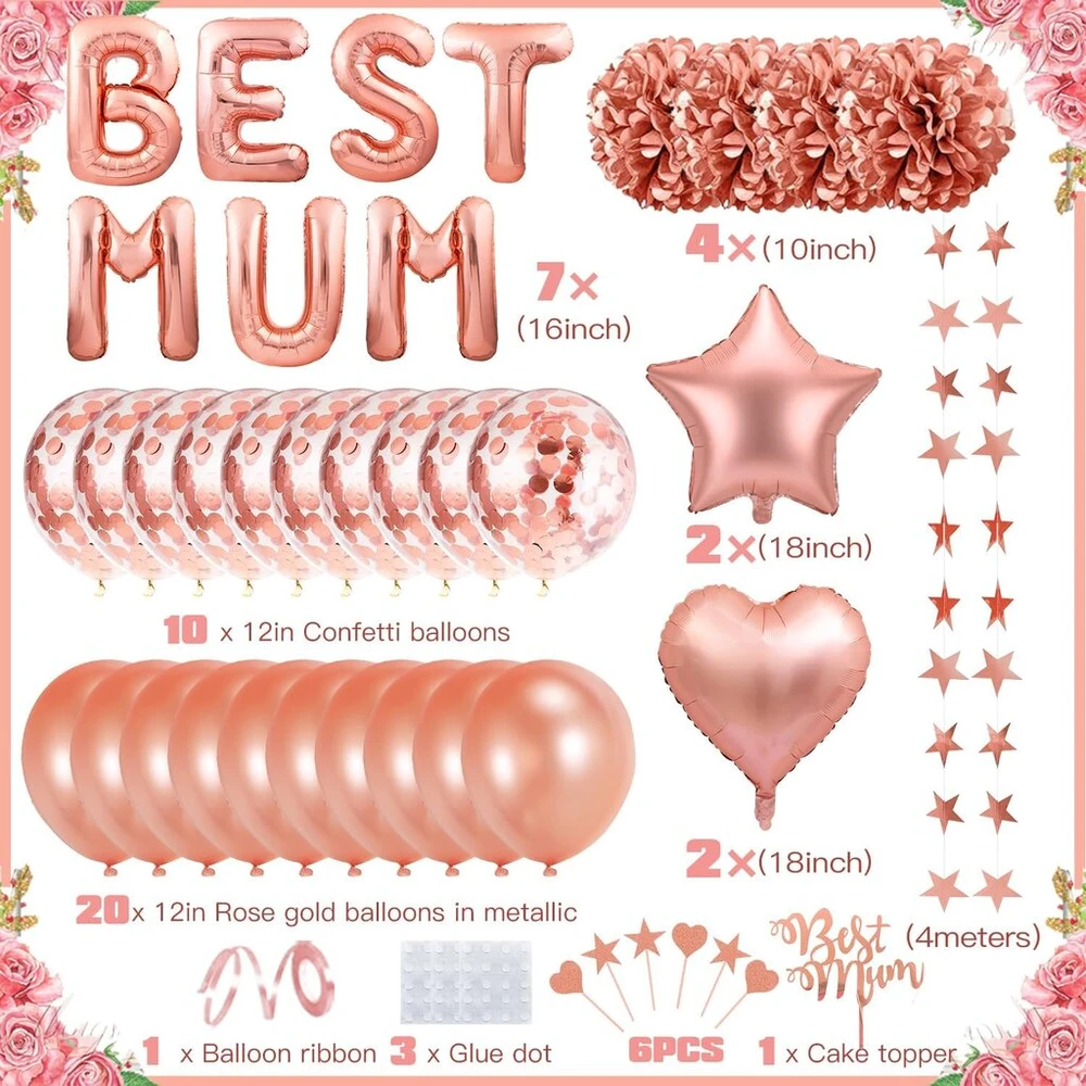 Motinos dienos dekoravimo balionai, rožinio aukso vakarėlio dekoracijos su užrašu 'best Mum', žvaigždės ir širdies foliniai balionai, konfeti balionai, popieriniai papuošalai, skirti moterų gimtadienio vakarėlio aksesuarams