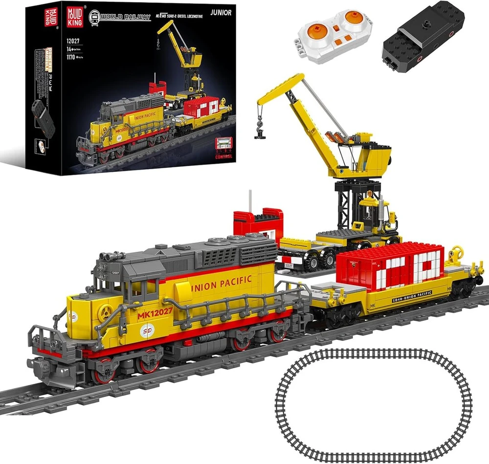 Mould King 12027 Technik traukinio geležinkelio konstruktorius, 1170 detalių dyzelinio lokomotyvo nuotoliniu būdu valdomas traukinio modelio rinkinys kaip žaislas/dovana/kolekcinis daiktas