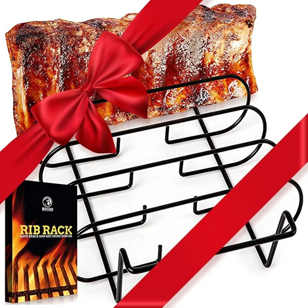 Mountain grillers atsarginio šonkaulių laikiklis rūkyklai - bbq šonkaulių stovas dujiniam arba angliniam griliui - nepridegančia danga padengtas šonkaulių laikiklis kepimui ant grotelių ir kepsniams - 5 šonkauliukams - juodas