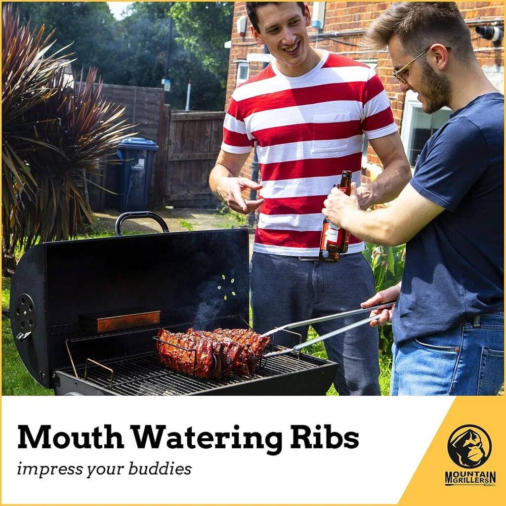 Mountain grillers atsarginio šonkaulių laikiklis rūkyklai - bbq šonkaulių stovas dujiniam arba angliniam griliui - nepridegančia danga padengtas šonkaulių laikiklis kepimui ant grotelių ir kepsniams - 5 šonkauliukams - juodas