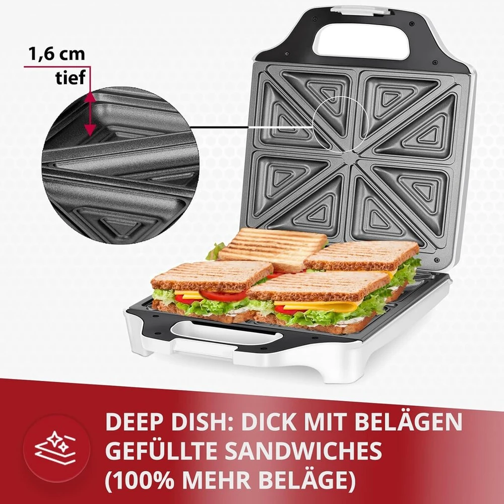 Mpm - mop-35 - sumuštinių keptuvas - skrudintuvas - 8 trikampiams sumuštiniams/panini - nelimpančios plokštės - automatinis temperatūros valdymas - elektrinis - 1600 w - baltas ir sidabrinis