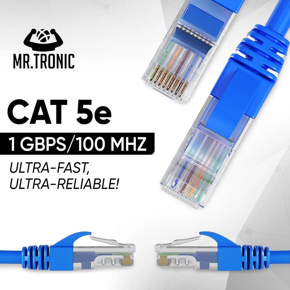 Mr. Tronic 50 m ethernet tinklo kabelis cat 5e, lan tinklo kabelis su rj45 jungtimis greitam ir patikimam interneto ryšiui, awg24 patch kabelis cat 5e | 1 gbps utp cca (50 metrų, mėlynas)