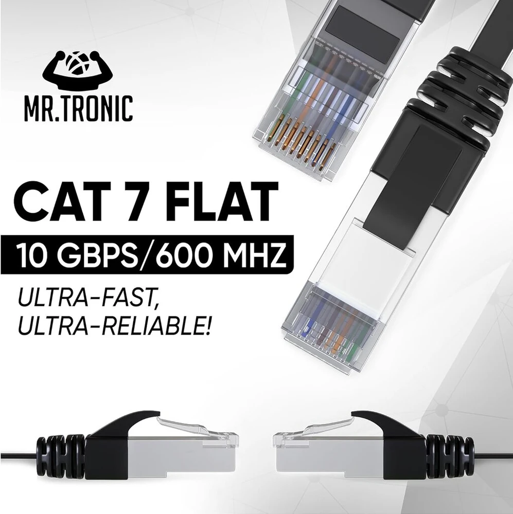 Mr Tronic Cat 7 Ethernet kabelis 10m, Sftp, Rj45, 10 Gbps, plokščias