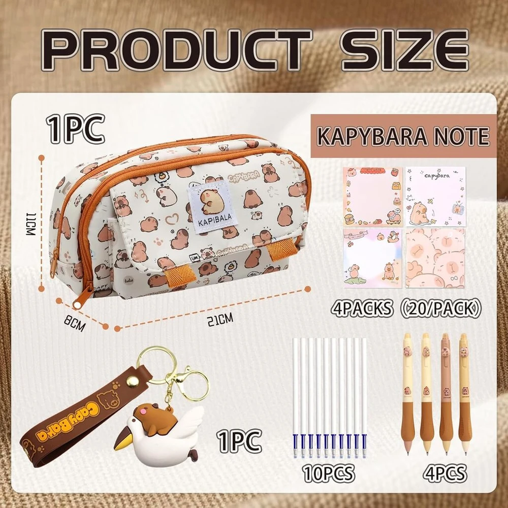 Mrltau pieštukinė su kapibara ir kapibarų rašikliai ir kapibaros raktų pakabukas ir kapibaros daiktai, kawaii kapibaros mokyklinės prekės, kapibaros pieštukinė, cabibara rinkinys, įvairiaspalvis, l