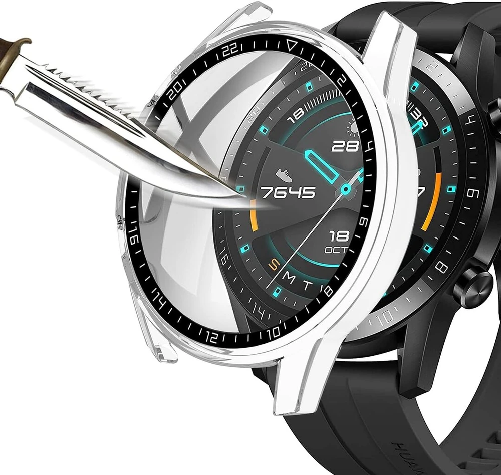 Msm-case juodas dėklas su grūdinto stiklo ekrano apsauga, skirtas Huawei Watch Gt2 46 mm, 9h kietumo Pc dėklas, buferis, plonas pilnas apsauginis dėklas išmaniajam Huawei Watch Gt2 46 mm
