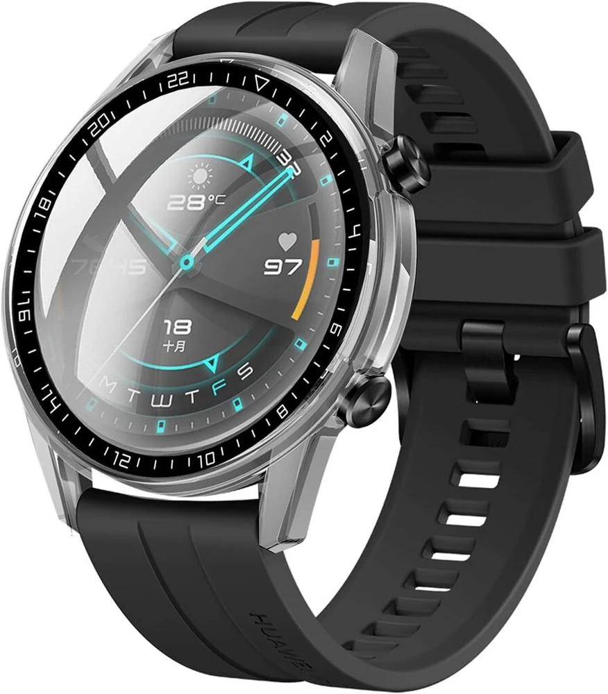 Msm-case juodas dėklas su grūdinto stiklo ekrano apsauga, skirtas Huawei Watch Gt2 46 mm, 9h kietumo Pc dėklas, buferis, plonas pilnas apsauginis dėklas išmaniajam Huawei Watch Gt2 46 mm