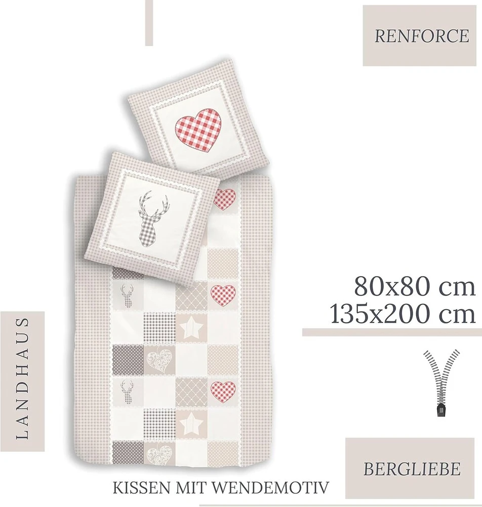 Mtonlinehandel „traumhelden“ kaimiško stiliaus patalynės komplektas 135 x 200 cm + 80 x 80 cm languotas širdelės elnias žvaigždės 100% medvilnė renforcé vintažinis patalynės komplektas