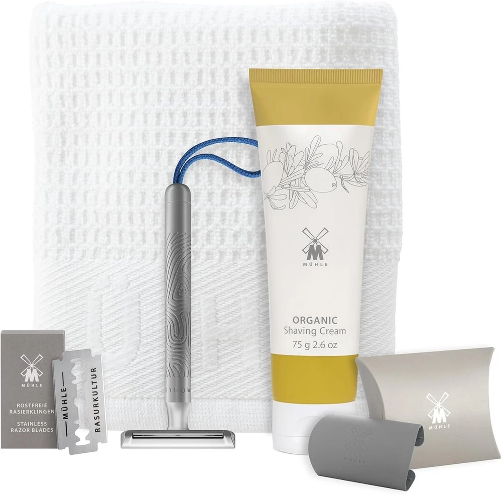 Mühle Companion 5 dalių skutimosi rinkinys - unisex saugos skustuvas su mėlyna virvele, peiliukas, kremas, audinys - veganiškas, tvarus