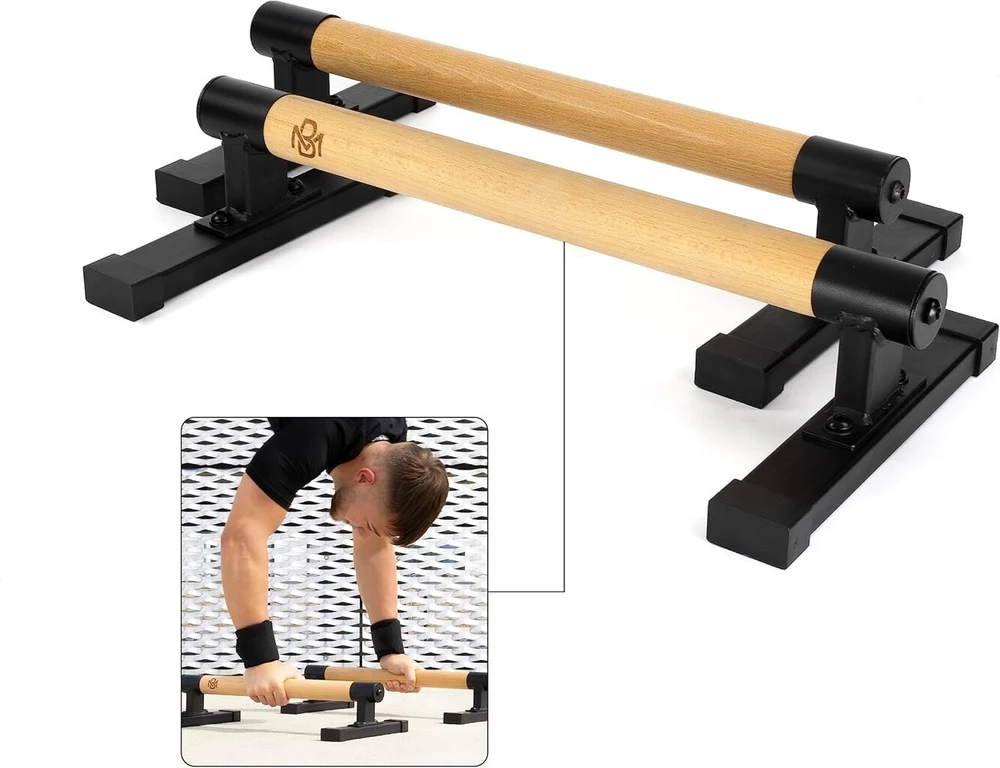 Müller & Blum Premium žemos paraletės iš medžio, tvarūs ir neslystantys atsispaudimų laikikliai, idealūs atsispaudimams ir stovėjimui ant rankų, atsispaudimų strypas naudojimui patalpose ir lauke, kalistenikos įranga