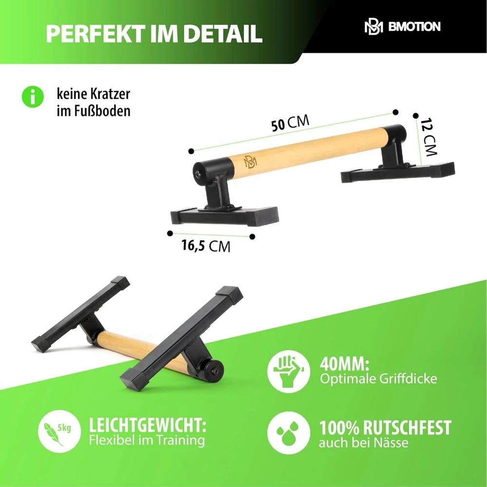 Müller & Blum Premium žemos paraletės iš medžio, tvarūs ir neslystantys atsispaudimų laikikliai, idealūs atsispaudimams ir stovėjimui ant rankų, atsispaudimų strypas naudojimui patalpose ir lauke, kalistenikos įranga