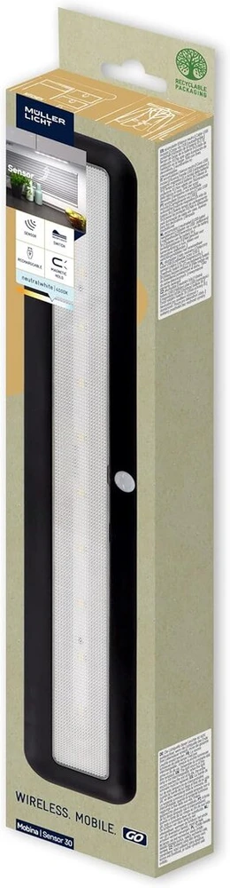 Müller-licht Mobina Sensor 30 led šviestuvas su baterija, orientacinis šviestuvas, naktinė lemputė, 30 cm ilgio, neutrali balta šviesa 4000 K, 2 W, įkraunamas usb, lipnus, juodas
