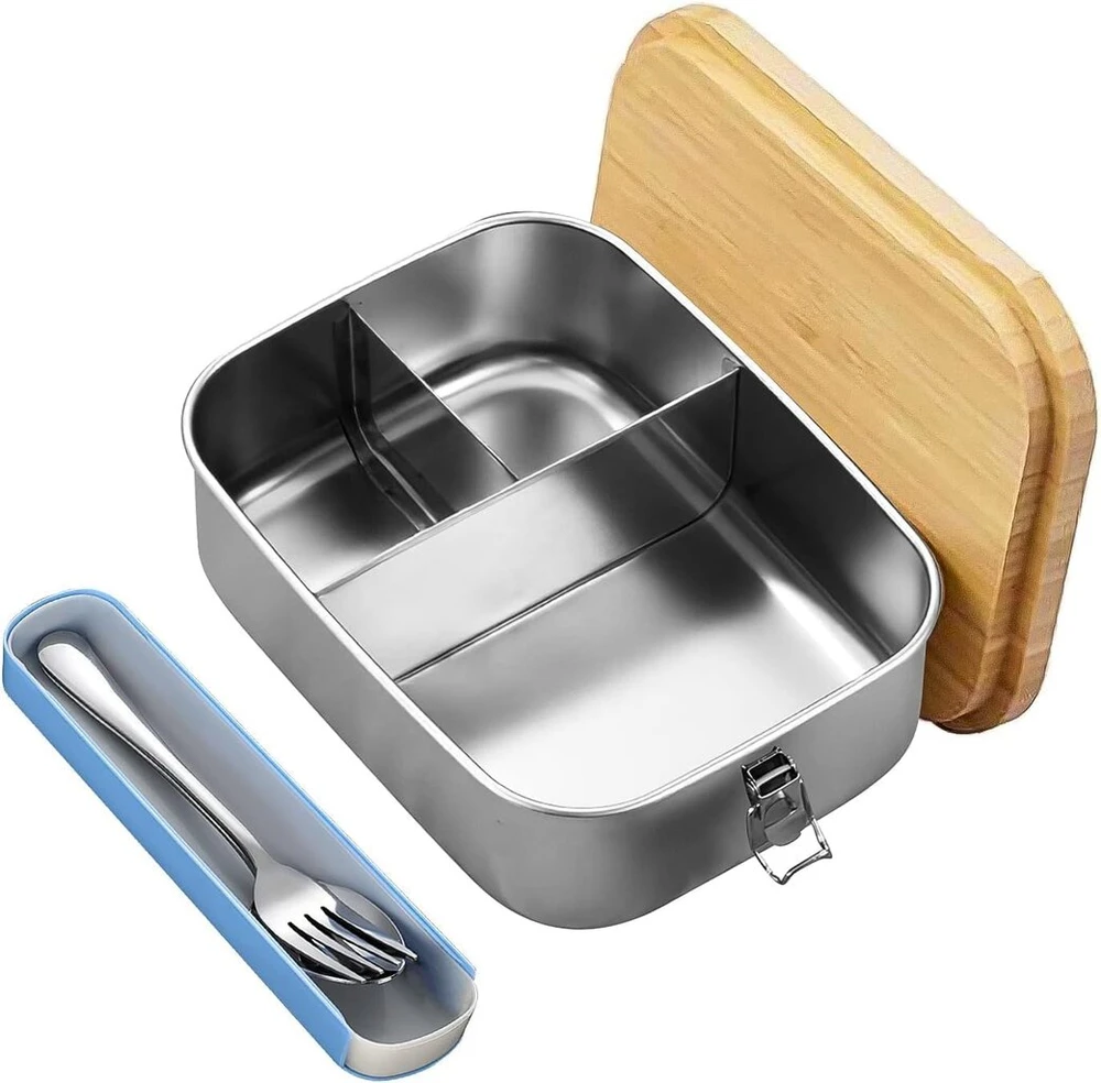 Mumisuto bento priešpiečių dėžutė, 1200 ml nerūdijančio plieno priešpiečių dėžutė, bento dėžutė su 3 skyriais, metalinė priešpiečių dėžutė su mediniu dangteliu, priešpiečių dėžutė, pusryčių dėžutė į mokyklą ir ekskursijas, priešpiečių dėžutė suaugusiems