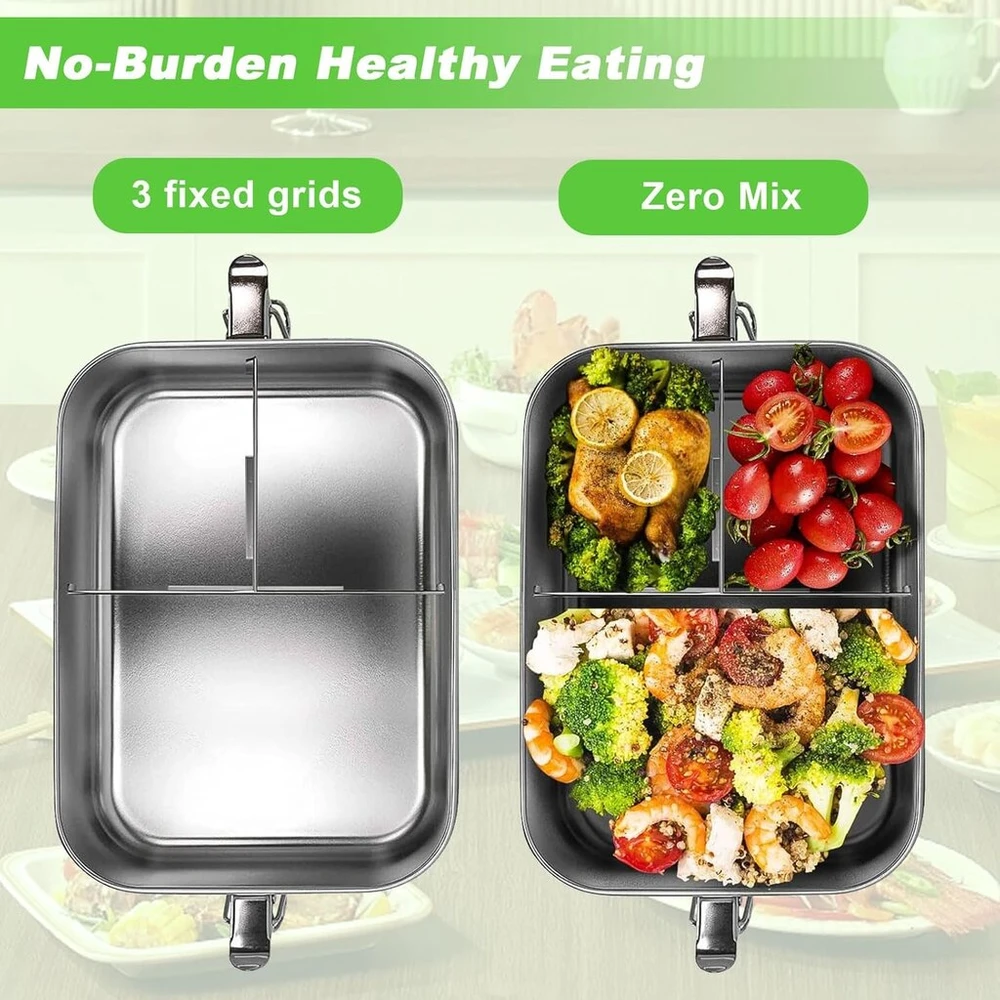 Mumisuto bento priešpiečių dėžutė, 1200 ml nerūdijančio plieno priešpiečių dėžutė, bento dėžutė su 3 skyriais, metalinė priešpiečių dėžutė su mediniu dangteliu, priešpiečių dėžutė, pusryčių dėžutė į mokyklą ir ekskursijas, priešpiečių dėžutė suaugusiems