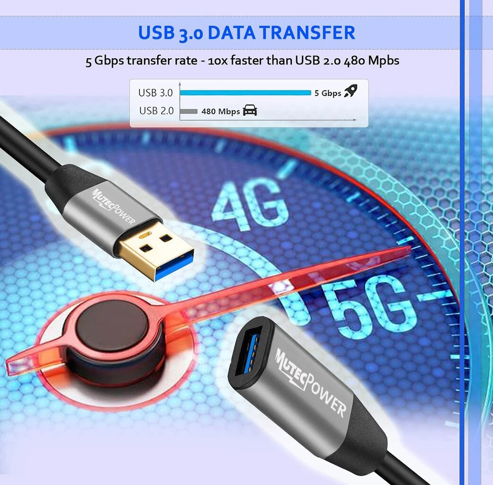 Mutecpower 5 m aktyvus usb 3.0 jungties prailginimo kabelis (tėtis-mama) su signalo stiprinimu ir usb maitinimo šaltiniu - juodas 5 m - suderinamas su nešiojamaisiais kompiuteriais, standžiaisiais diskais, XBOX, ps4, vr ir kt.