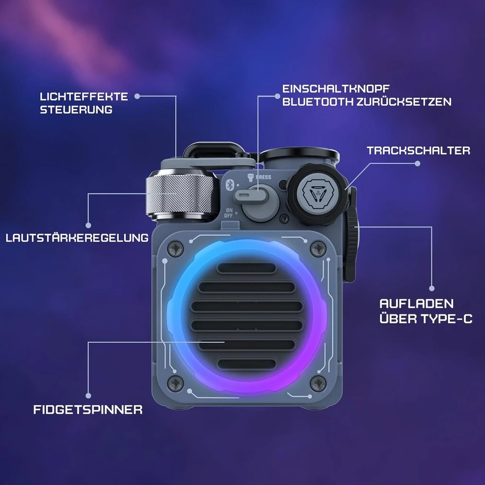 Kompiuterio kolonėlės Muzen Cyber-cube bluetooth kolonėlė maža, nešiojama mini kolonėlė su rgb apšvietimu ir žibintuvėliu, ipx5 atspari vandeniui, skirta žaidimams, vakarėliams, dušui, stovyklavimui, lauke, šaunios dovanos tėčiui vyrams