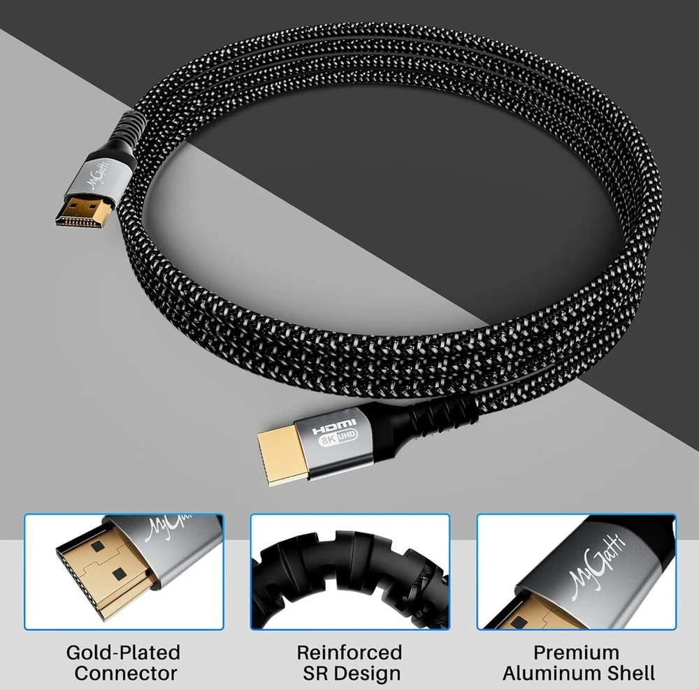 Mygatti 2 metrų 8k Hdmi 2.1 sertifikuotas kabelis (2 vnt. pakuotė), Ultra Hd 48gbps didelis greitis, 4k @ 120hz/8k @ 60hz, Earc, Hdcp 2.2 ir 2.3, Uhd Hdr 10+, suderinamas su 8k žaidimais, televizoriumi, „blu-ray“ grotuvu, projektoriumi