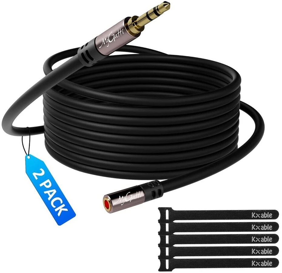 Mygatti 3.5 mm prailginimo lizdo kabelis (3 metrai, 2 vnt.), stereo lizdo garso prailginimo kabelis iš tėviško į moterišką, ausinių prailginimo kabelis, Ofc šerdis, juodas kabelis (su 5 kabelių raišteliais)