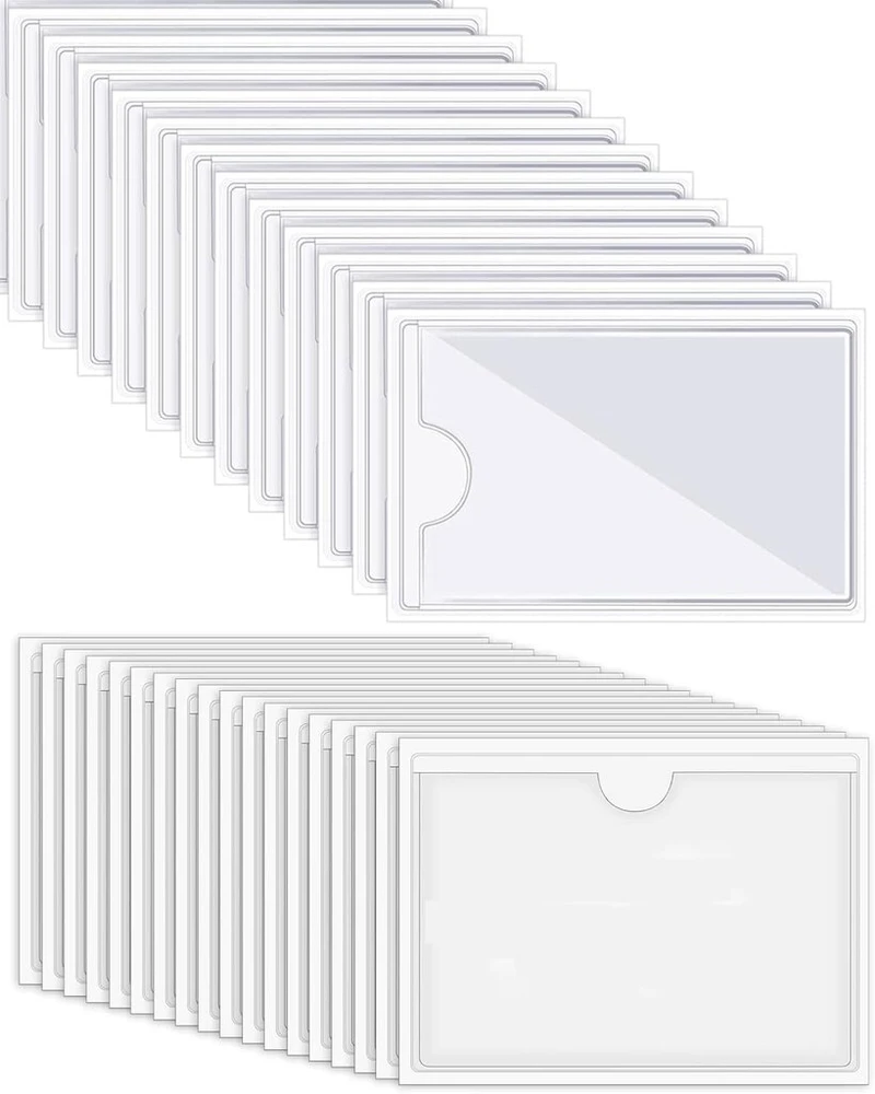 Mygloar lipnios etiketės laikikliai, 50 vnt., 10 x 6 cm, etiketės langelis, lipnios vizitinės kortelės įmautės, klijai, skaidrūs, vandeniui atsparūs, skirti namams, biurui, mokyklai (atviras viršus)