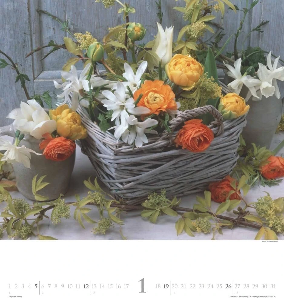 N neumannverlage - Bouquets 2025 foto meno kalendorius, 45 x 48 cm, sieninis kalendorius su dvylika žavingų gėlių puokščių, žavios puokštės, spiralinis įrišimas ir tarptautinis kalendorius