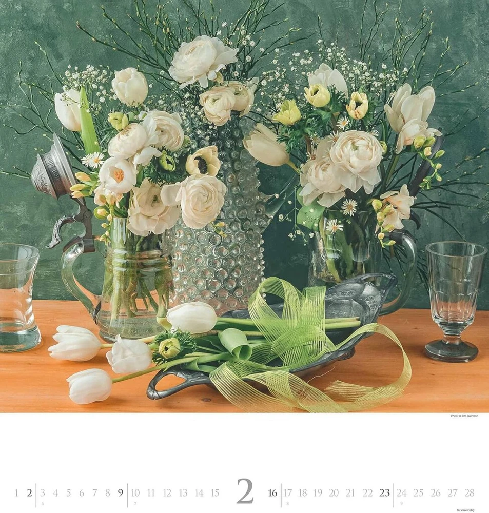 N neumannverlage - Bouquets 2025 foto meno kalendorius, 45 x 48 cm, sieninis kalendorius su dvylika žavingų gėlių puokščių, žavios puokštės, spiralinis įrišimas ir tarptautinis kalendorius