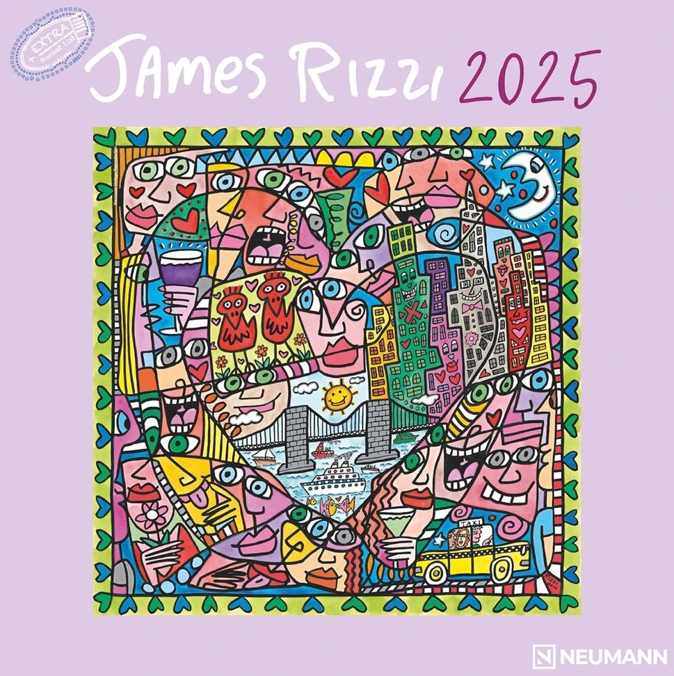 N Neumannverlage - James Rizzi 2025 brošiūrinis kalendorius, 30 x 30 cm, sieninis kalendorius su James Rizzi paveikslėliais, mėnulio fazėmis, daug vietos pastaboms ir tarptautinėms šventėms / kalendorius