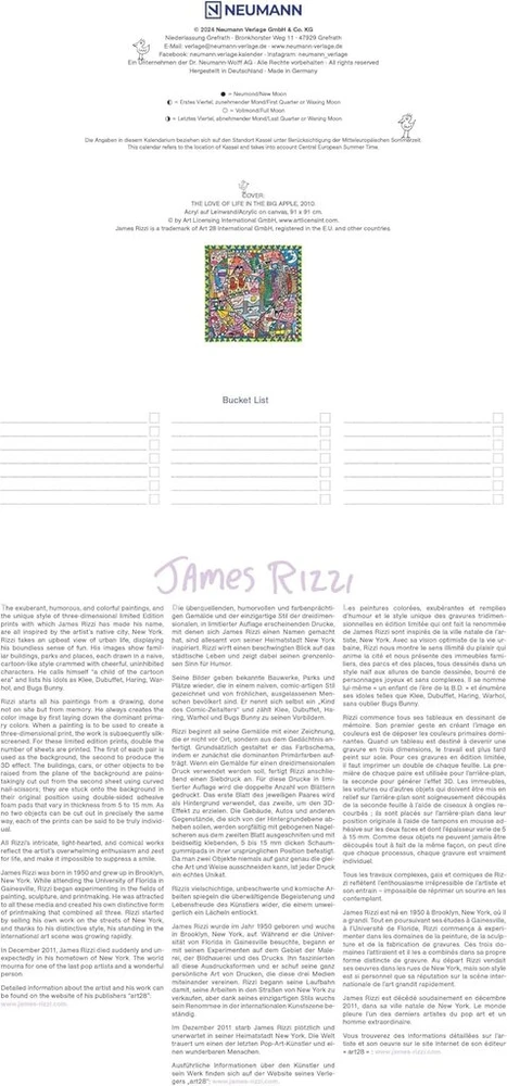 N Neumannverlage - James Rizzi 2025 brošiūrinis kalendorius, 30 x 30 cm, sieninis kalendorius su James Rizzi paveikslėliais, mėnulio fazėmis, daug vietos pastaboms ir tarptautinėms šventėms / kalendorius