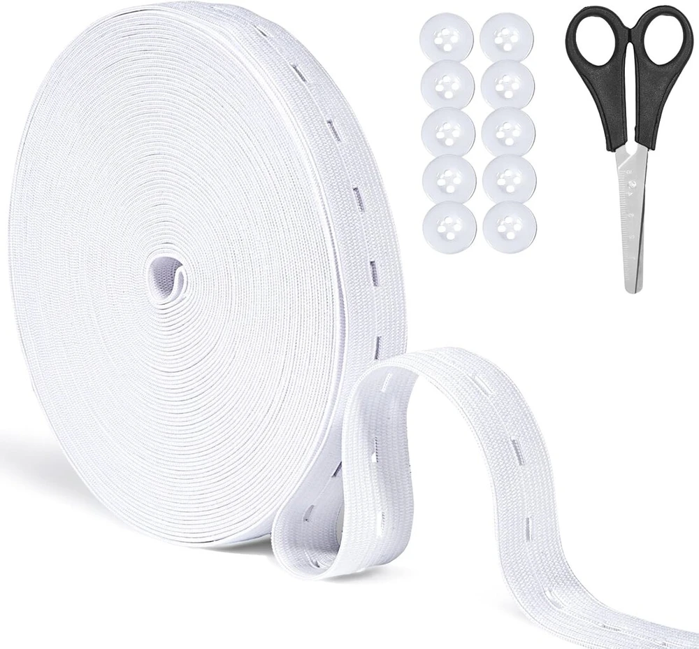 Nadisean 16 m balta elastinė juosta su sagų kilpelėmis, 20 mm plokščia siuvimo elastinė juosta su sagų skylutėmis, elastinė juosta su sagų skylutėmis, tvirta perforuota elastinė juosta su 12 sagų siuvimui, mezgimui