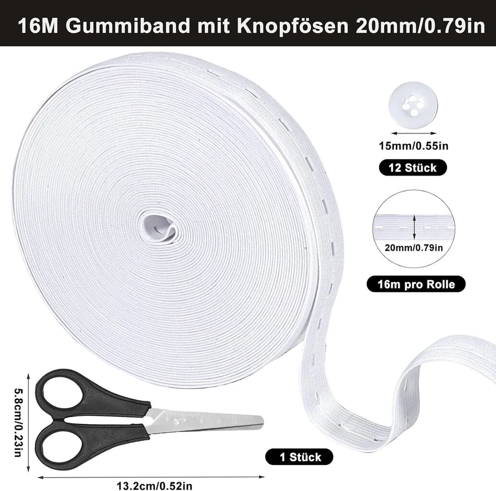 Nadisean 16 m balta elastinė juosta su sagų kilpelėmis, 20 mm plokščia siuvimo elastinė juosta su sagų skylutėmis, elastinė juosta su sagų skylutėmis, tvirta perforuota elastinė juosta su 12 sagų siuvimui, mezgimui