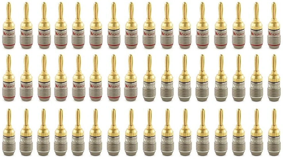 Nakamichi Fanlock Excel Series paauksuoti 24k bananiniai kištukai, 10awg - 18awg, 4 mm storio, skirti garsiakalbių stiprintuvui, Hi-fi stereo namų kino teatro garso kabelio greitam prijungimui, 48 vnt. (24 poros)