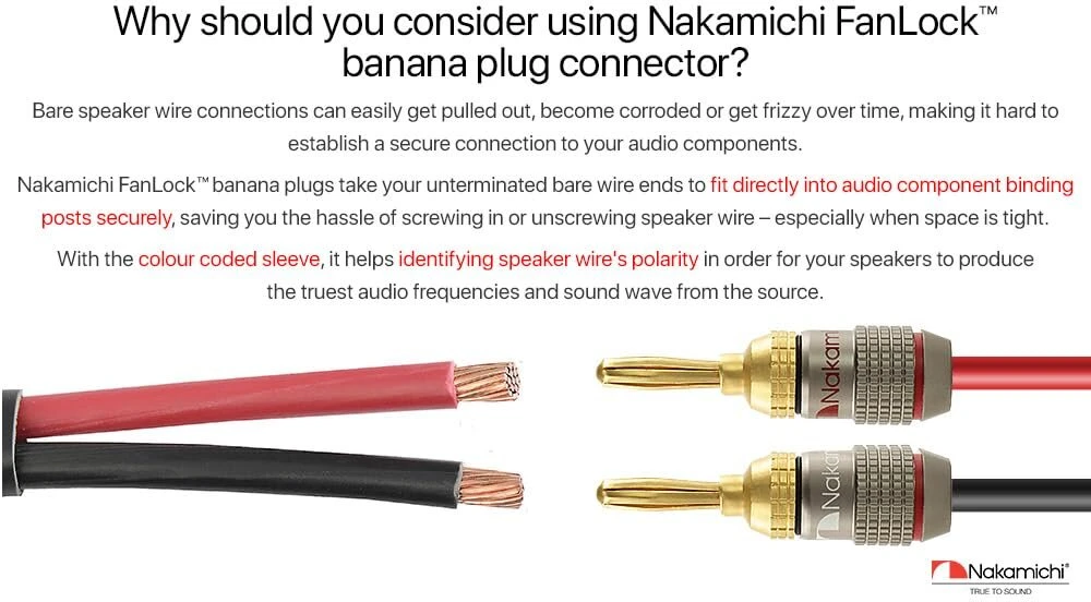 Nakamichi Fanlock Excel Series paauksuoti 24k bananiniai kištukai, 10awg - 18awg, 4 mm storio, skirti garsiakalbių stiprintuvui, Hi-fi stereo namų kino teatro garso kabelio greitam prijungimui, 48 vnt. (24 poros)