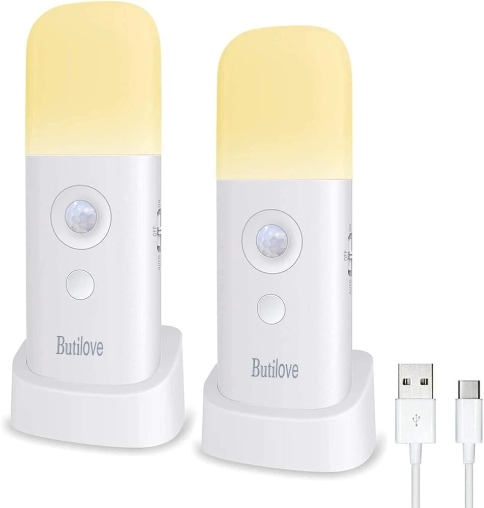 Naktinė lemputė su judesio davikliu, 2 vnt., įkraunama, nešiojama, su usb laidu, belaidis sieninis šviestuvas su automatiniu įjungimu/išjungimu, spintai, drabužių spintai, virtuvei, laiptams, miegamajam