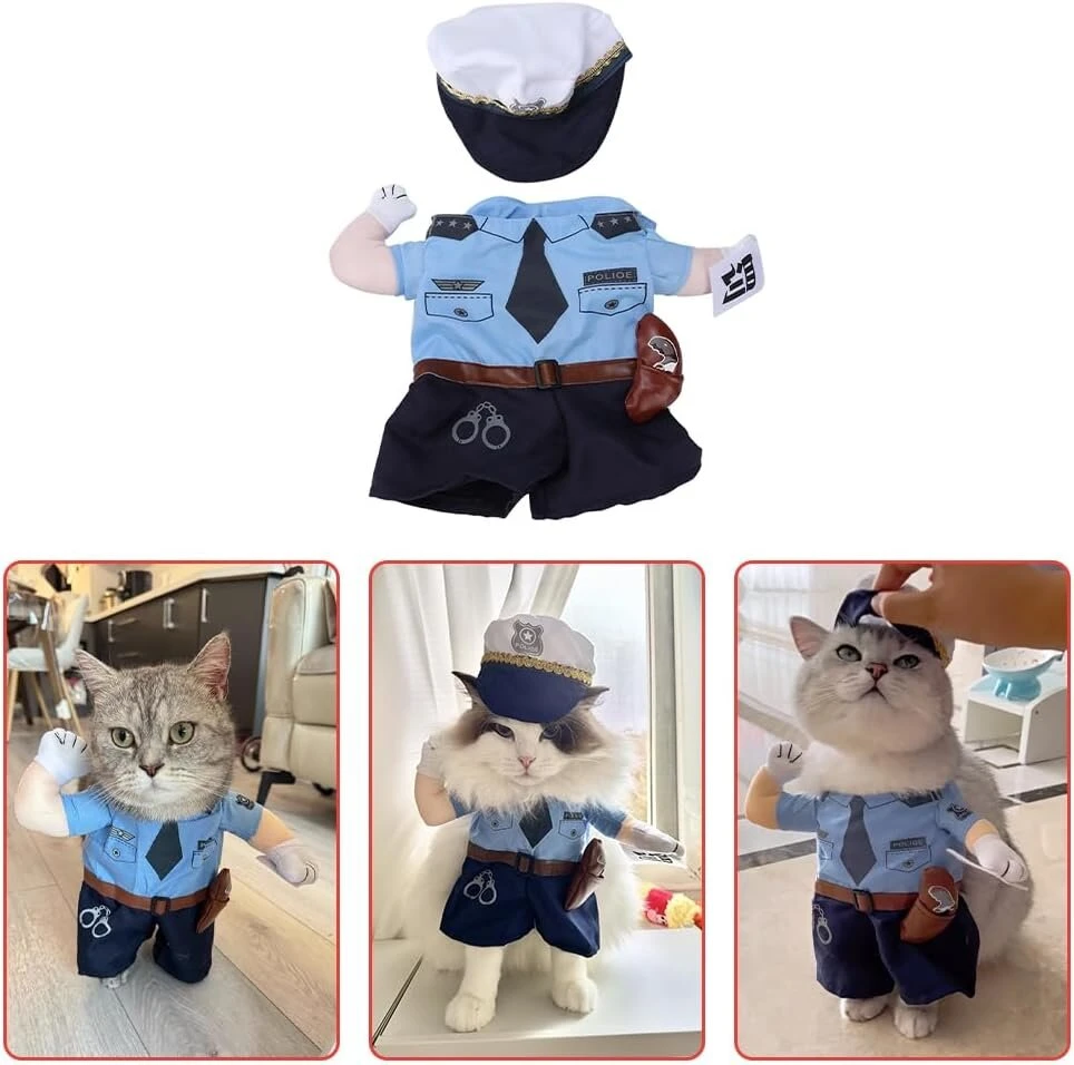 Naminių gyvūnėlių kostiumas, kostiumas katėms, šuns kostiumas, Helovino policijos kostiumai, šuns siaubingi drabužiai, katės cosplay kostiumas su kepure, politikos uniforma, juokingas apranga vakarėliui, Kalėdoms, Velykų renginiui (m)