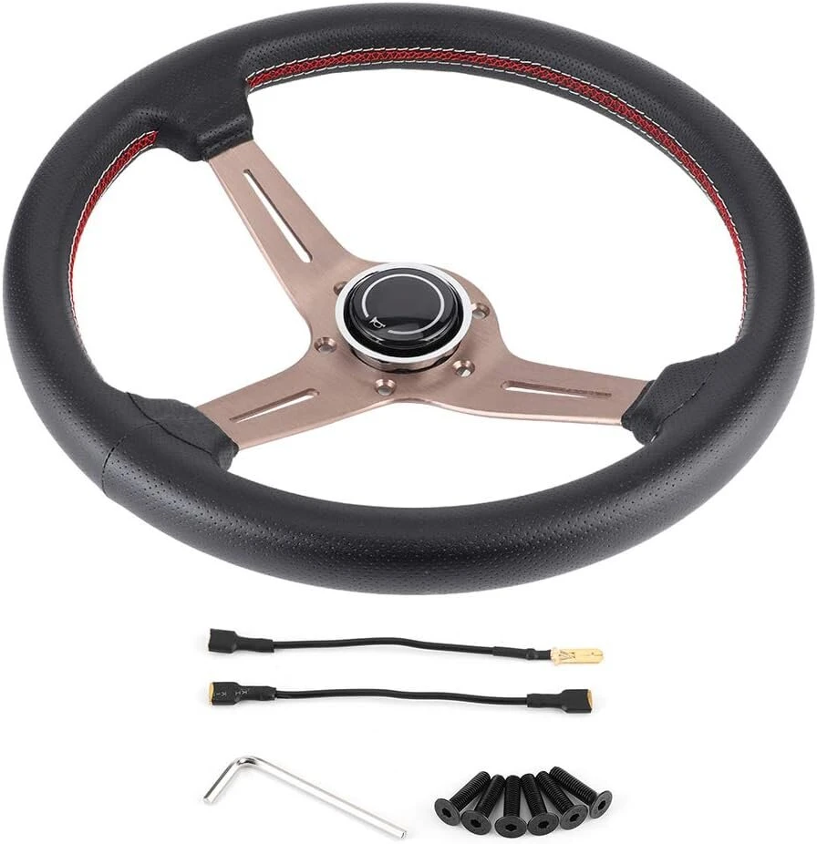 Nardi Momo vairas, Nardi vairas, vairas 250 mm, 14 colių, skirtas Nardi stiliui, 6 skylių pusiau apvalkalas, juodos perforuotos odos, sportinis vairas su modifikuotomis dalimis