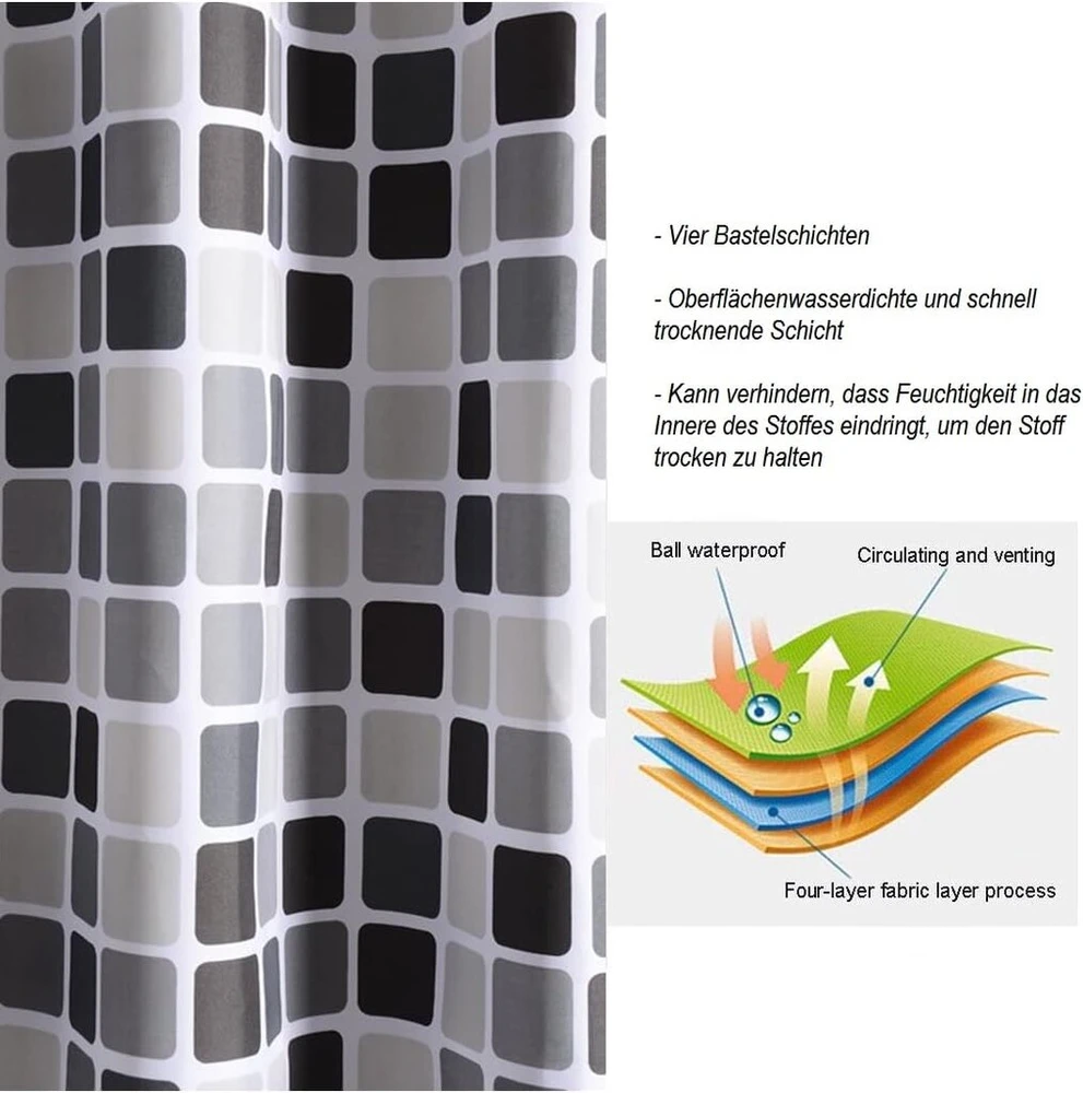Narunii dušo užuolaida 200 x 200 cm (plotis x aukštis), atspari pelėsiui, vandeniui atspari dušo užuolaida su 12 dušo užuolaidų žiedų (mosaïque, 200 x 200 cm (plotis x aukštis))