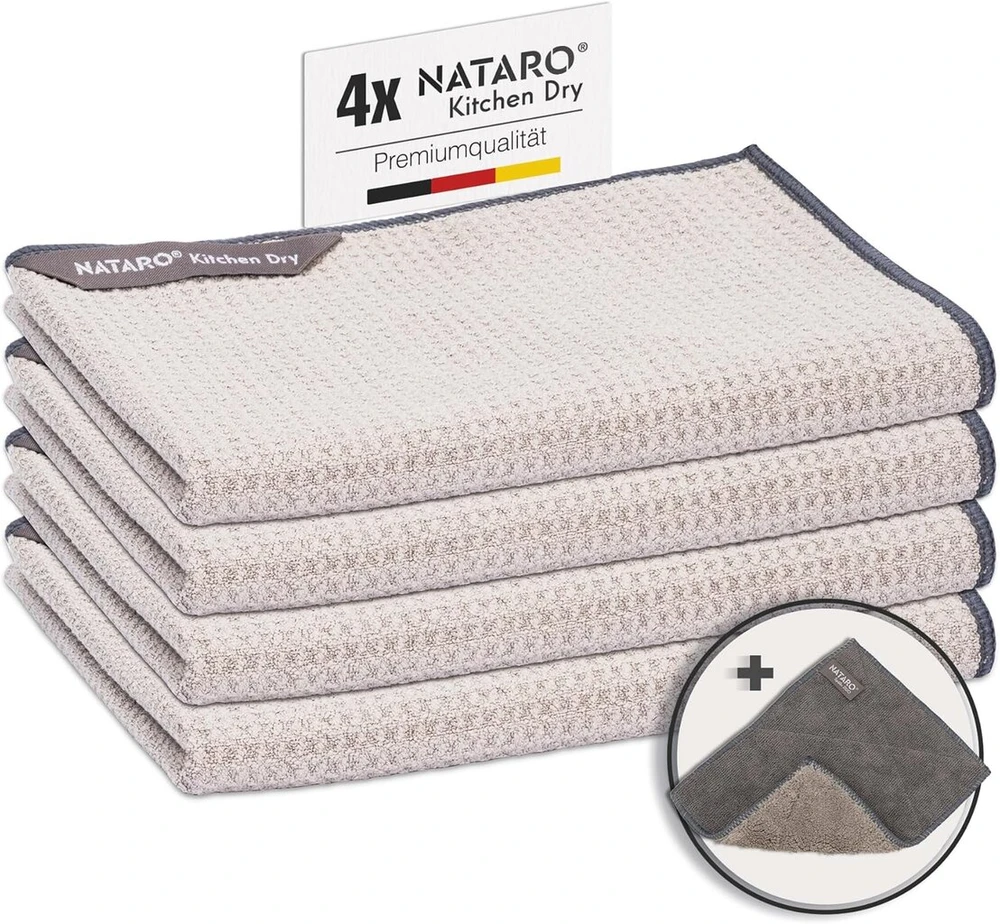 Nataro® 4 vnt. virtuvinių arbatos rankšluosčių rinkinys, aukščiausios kokybės mikropluošto džiovinimo rankšluostis, dryžiams ir pūkeliams atsparus vaflinis rankšluostis jūsų virtuvei, įskaitant indų šluostę, šviesiai pilka, 70 x 45 cm