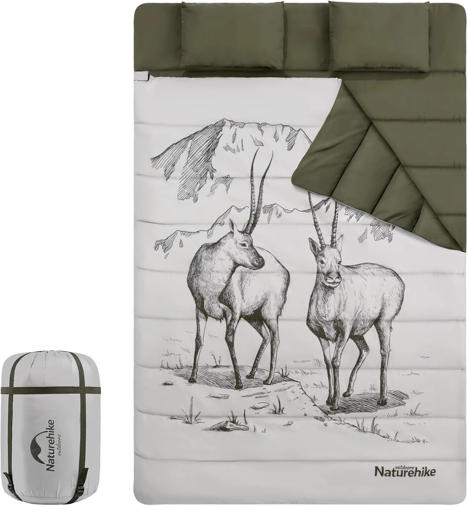 Naturehike dvigulis miegmaišis, atsparus vėjui, šiltas ir nešiojamas miegmaišis 2 asmenims, su 2 pagalvėmis, su animacinių filmų raštu, komfortiška temperatūra, skirtas stovyklavimui, kelionėms su kuprine, žygiams ir kt.