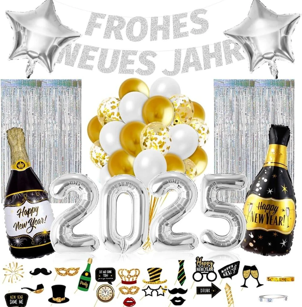 Naujųjų metų išvakarių dekoracija 2025 xxl, naujųjų metų dekoracija, "happy New Year" girlianda, 2025 folinis balionas, rekvizitai nuotraukoms, blizgučių užuolaida, auksiniai ir balti balionai naujųjų metų išvakarių 2025 vakarėlio dekoracijai sidabro spal