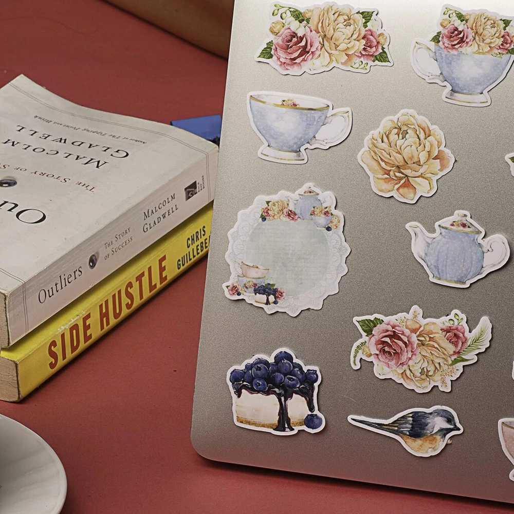 Navy Peony Classy Tea Party lipdukai (31 vnt.) | mėlyni maisto ir gėlių lipdukai vandens buteliams | mieli lipdukai scrapbooking'ui ir dienoraščiams | vandeniui atsparūs lipdukai nešiojamiems kompiuteriams