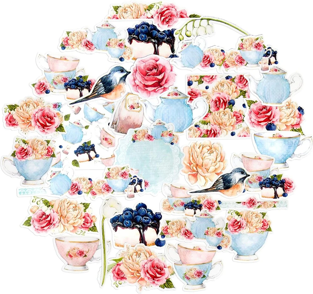 Navy Peony Classy Tea Party lipdukai (31 vnt.) | mėlyni maisto ir gėlių lipdukai vandens buteliams | mieli lipdukai scrapbooking'ui ir dienoraščiams | vandeniui atsparūs lipdukai nešiojamiems kompiuteriams