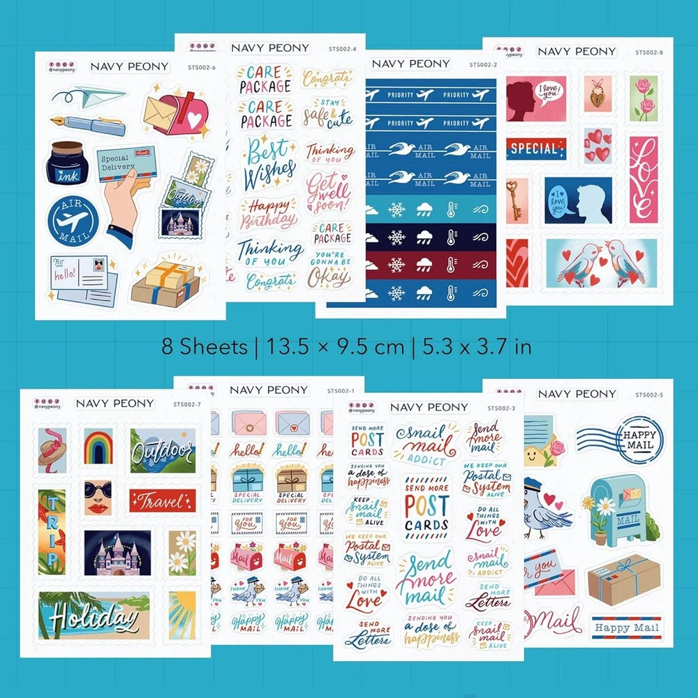 Navy Peony lipdukai "happy Mail" (8 lapai, 130+ mažų lipdukų) - A6 dydis, atsparūs vandeniui, skirti laiškams, vokams, atvirukams