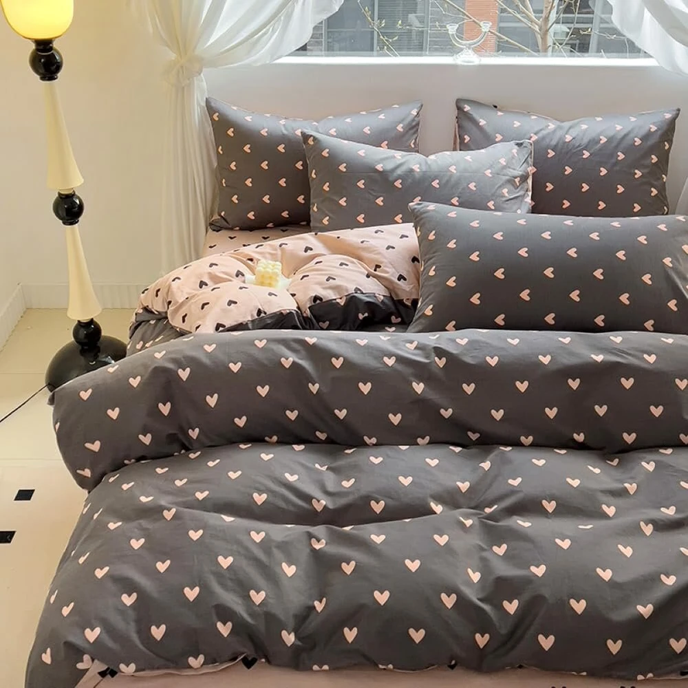 Nayoroom patalynės komplektas 155 x 220 cm rožinės ir juodos spalvos širdelės, reversible patalynės komplektas, mikropluoštas, 2 dalių, modernus, estetiškas širdelių antklodės užvalkalas ir 1 pagalvės užvalkalas 80 x 80 cm su užtrauktuku